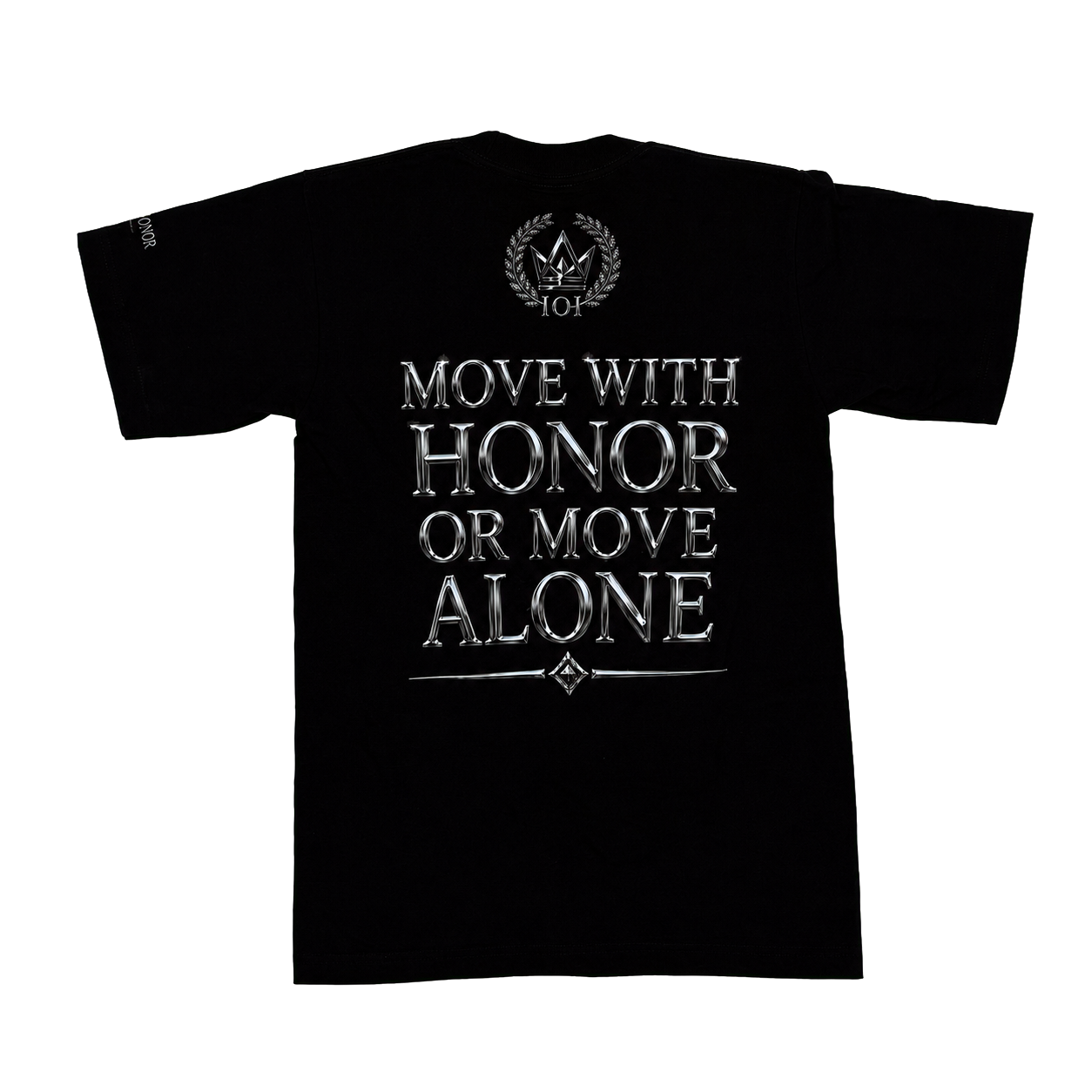 Silver Standard black heavyweight tee, Move With Honor Or Move Alone back