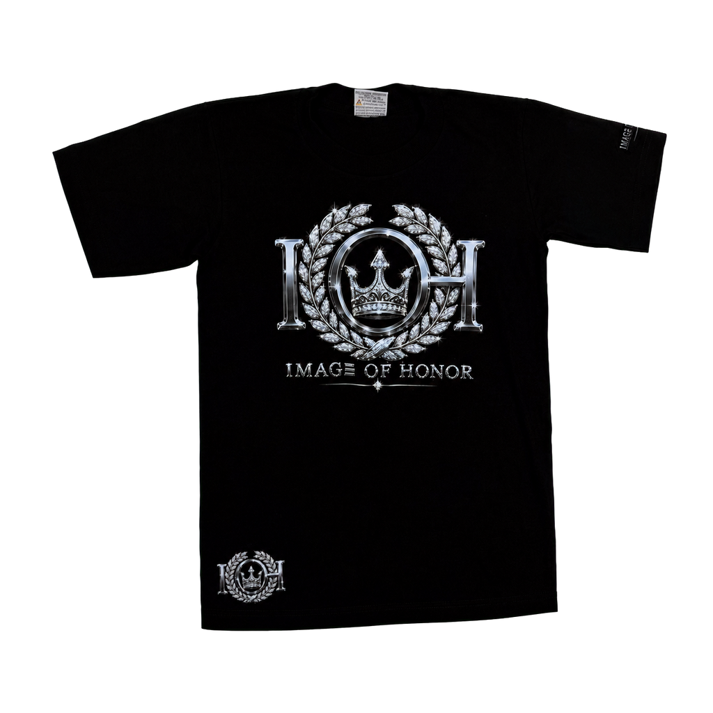 Silver Standard black heavyweight tee, silver IOH emblem front