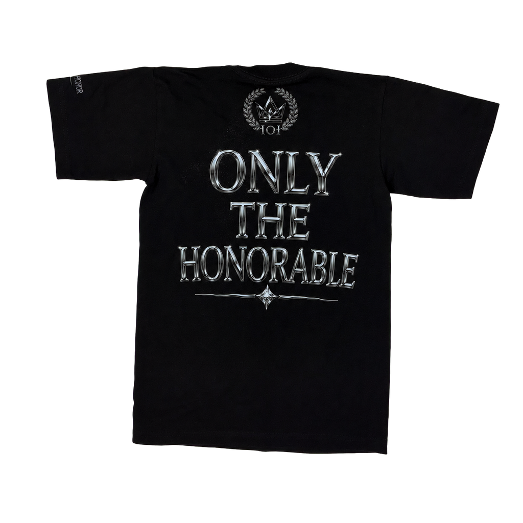 Silver Standard black heavyweight tee, Only The Honorable back