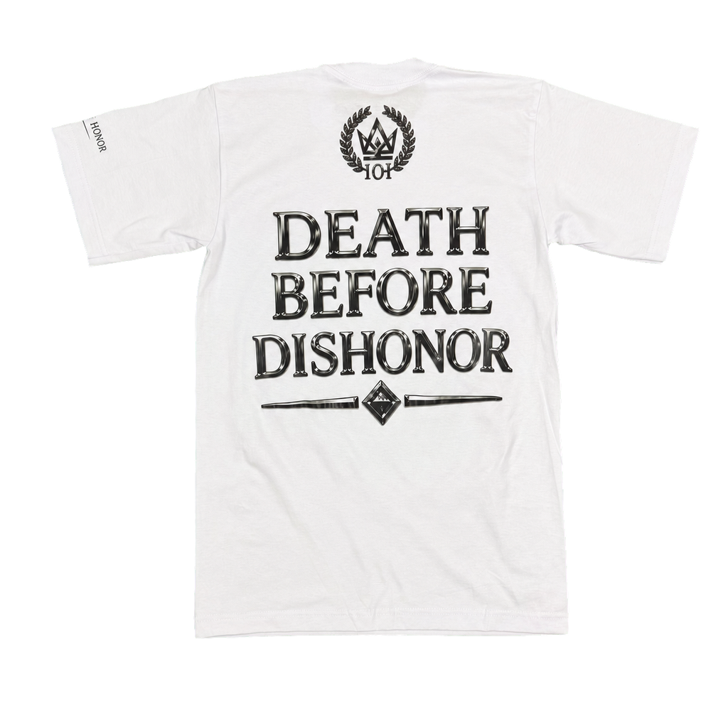 Death Before Dishonor white and black chrome tee back