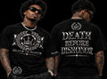 black-chrome tee front and death before dishonor on black background
