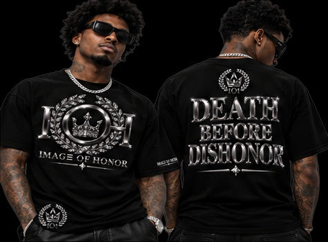 black-chrome tee front and death before dishonor on black background