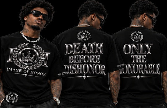 black-chrome black tee, front and both back options on black background