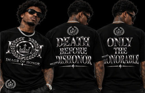 black-chrome black tee, front and both back options on black background