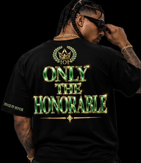 emerald tee back only the honorable on black background