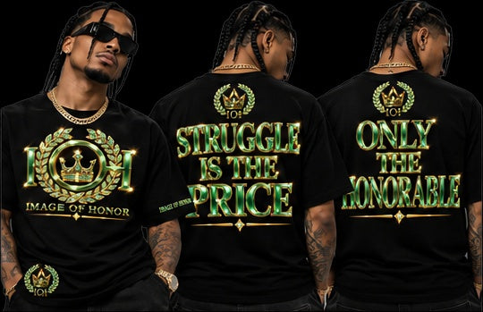 emerald black tee, front and both back options on black background