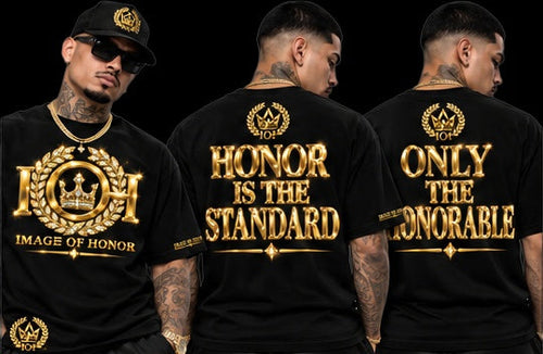 gold black tee, front and both back options on black background