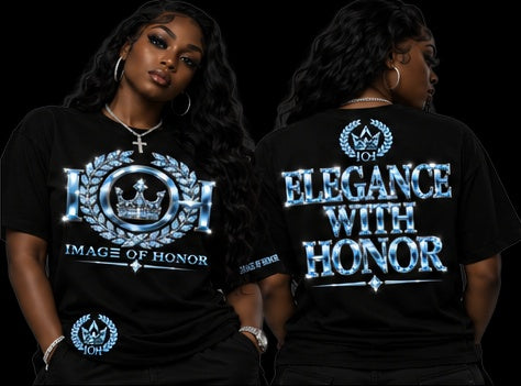 ice-blue tee front and elegance with honor on black background