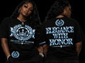 ice-blue tee front and elegance with honor on black background