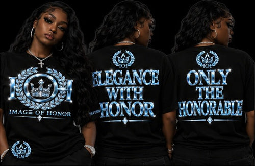 ice-blue black tee, front and both back options on black background