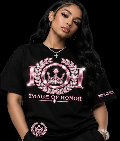 pink tee front on black background