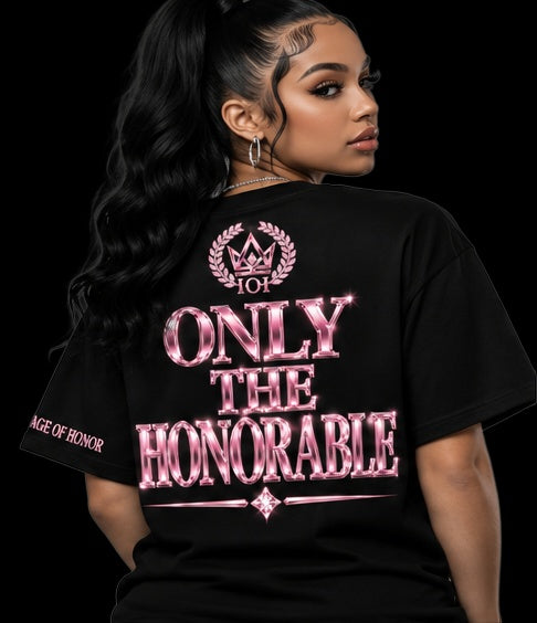 pink tee back only the honorable on black background