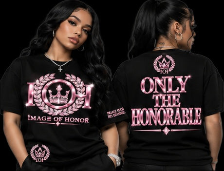 pink tee front and only the honorable on black background