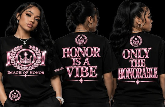 pink black tee, front and both back options on black background