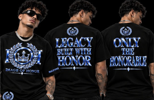 sapphire black tee, front and both back options on black background