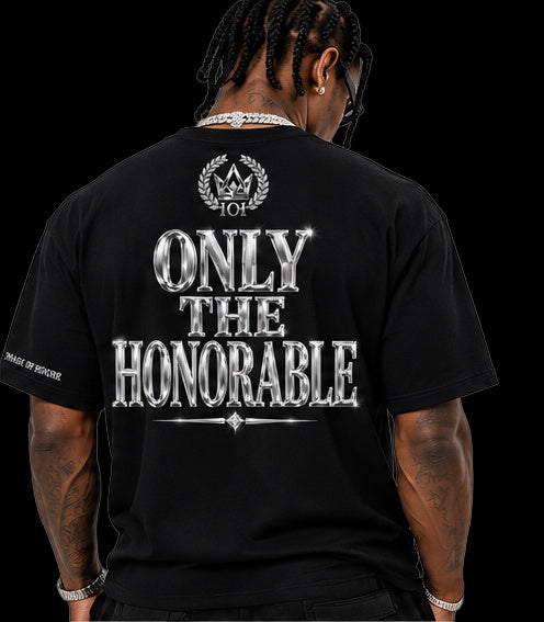 silver tee back only the honorable on black background
