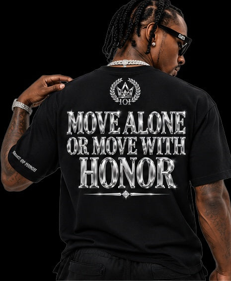 silver tee back move alone or move with honor on black background