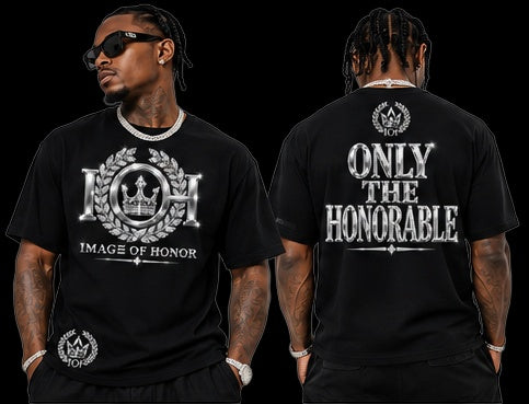 silver tee front and only the honorable on black background