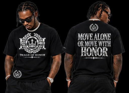silver tee front and move alone or move with honor on black background