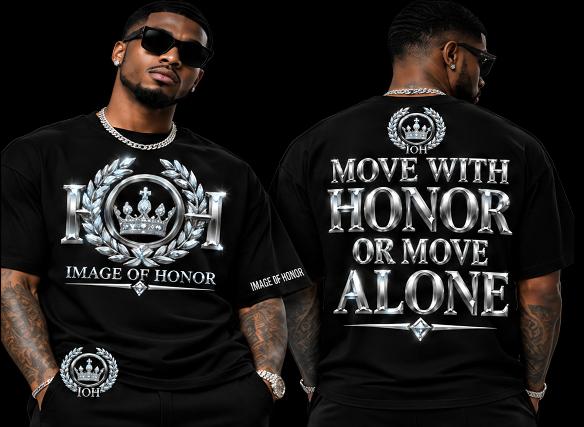 Silver Standard tee front and back with MOVE WITH HONOR OR MOVE ALONE on black background