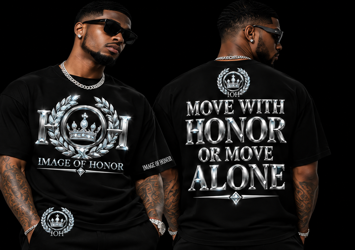 Silver Standard tee side views on black background