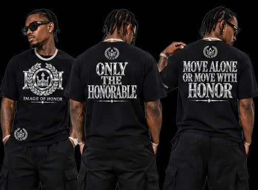 silver black tee, front and both back options on black background