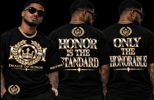 two-tone black tee, front and both back options on black background