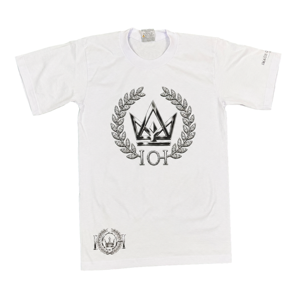 Silver Standard white heavyweight tee, silver crown crest front