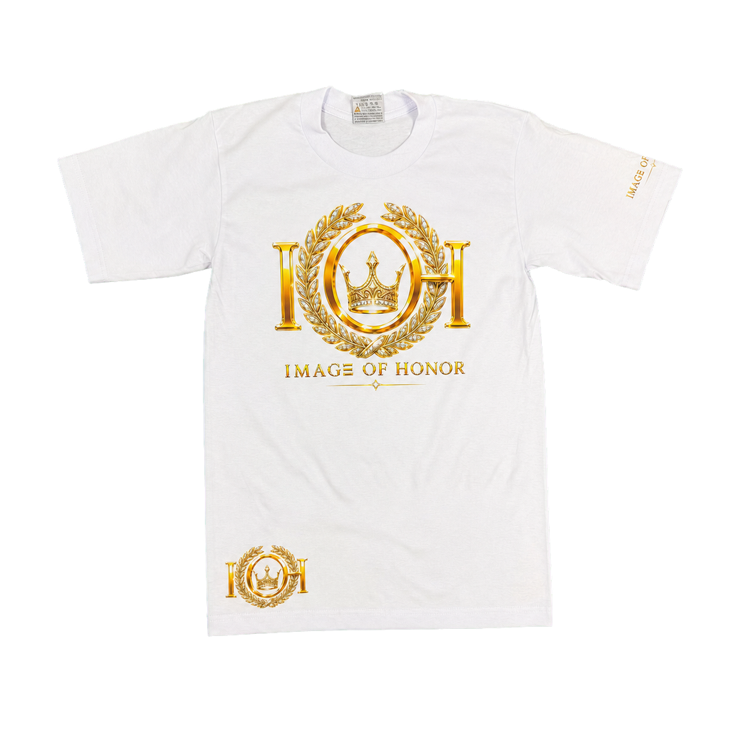 Only The Honorable white and gold tee front