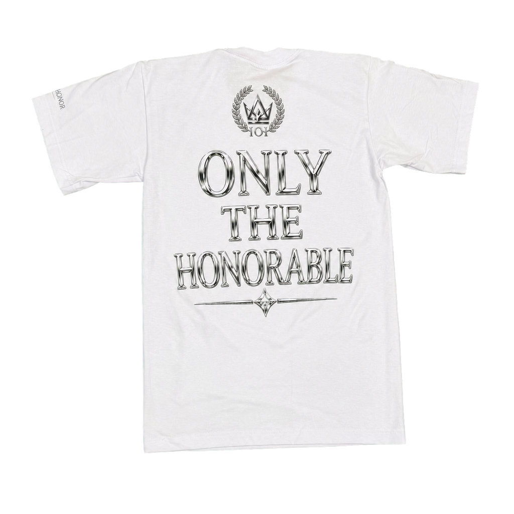 Silver Standard white heavyweight tee, Only The Honorable back