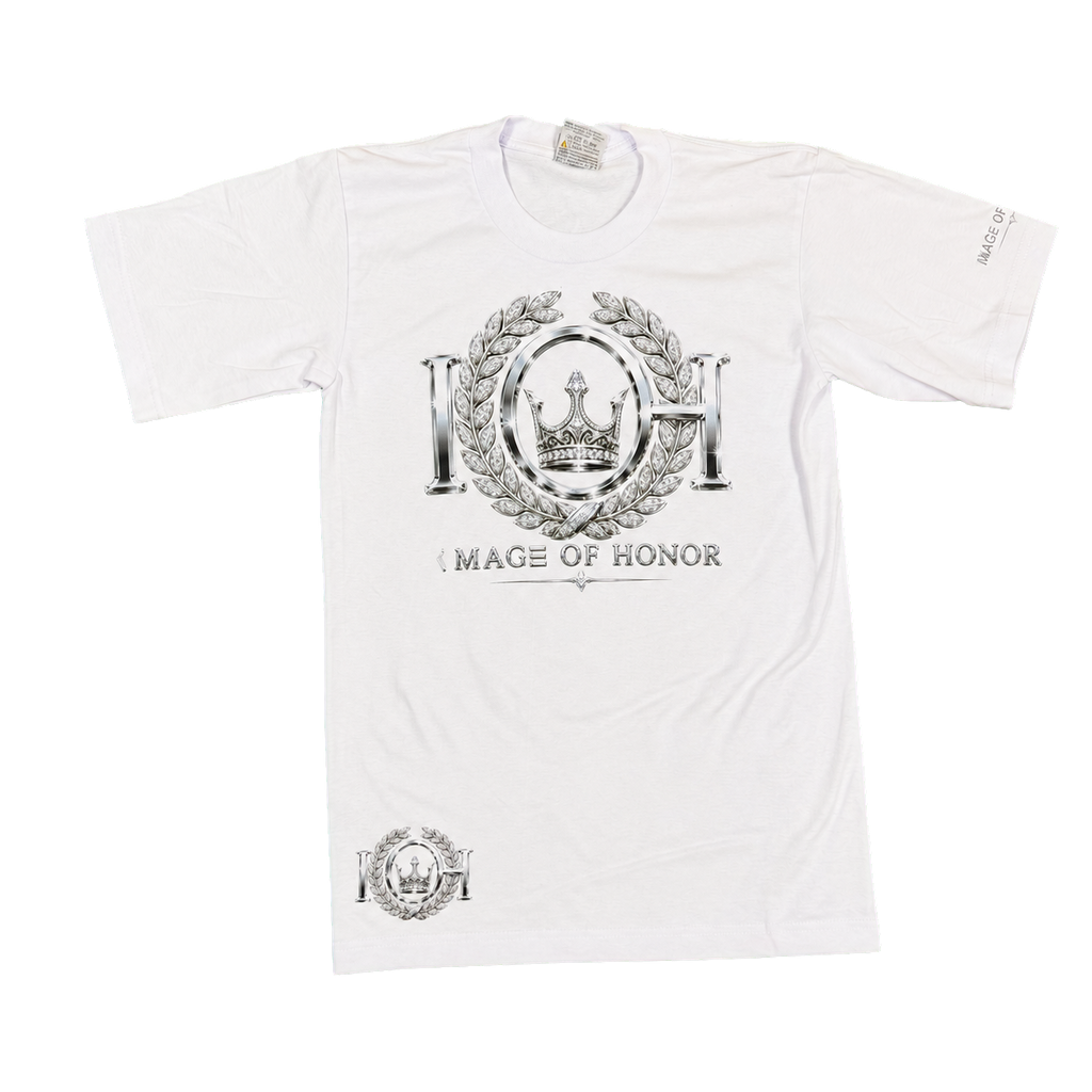 Silver Standard white heavyweight tee, silver IOH emblem front